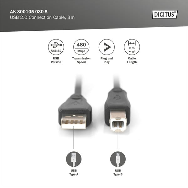 (€ 0,92 / 1 m) Digitus USB 2.0 Anschlusskabel USB-A (Stecker) > USB-B (Stecker) - Digitus - vue 3