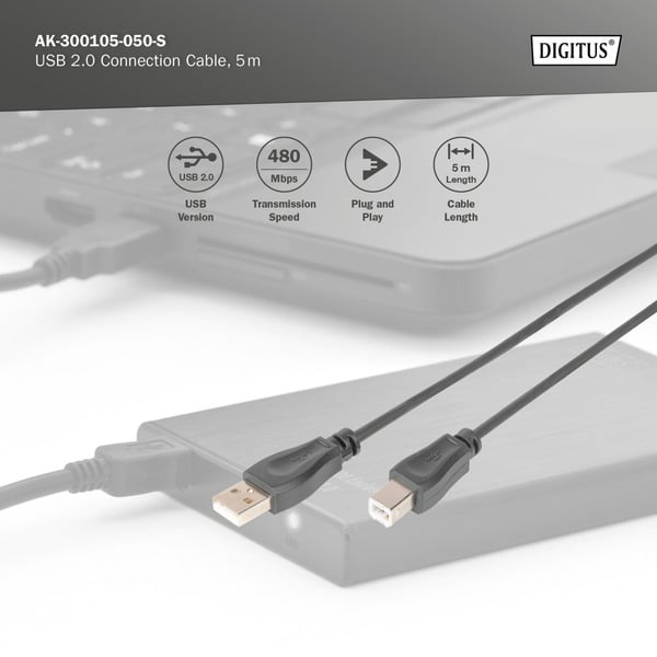 (€ 0,37 / 1 m) Digitus USB 2.0 Anschlusskabel USB-A (Stecker) > USB-B (Stecker) - Digitus - vue 3