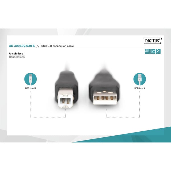 (€ 0,64 / 1 m) Digitus USB 2.0 Anschlusskabel USB-A (Stecker) > USB-B (Stecker) - Digitus - vue 3