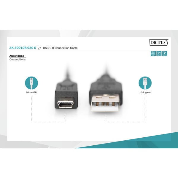 Digitus USB 2.0 câble, USB-A Stecker > mini USB Stecker - Digitus - vue 3