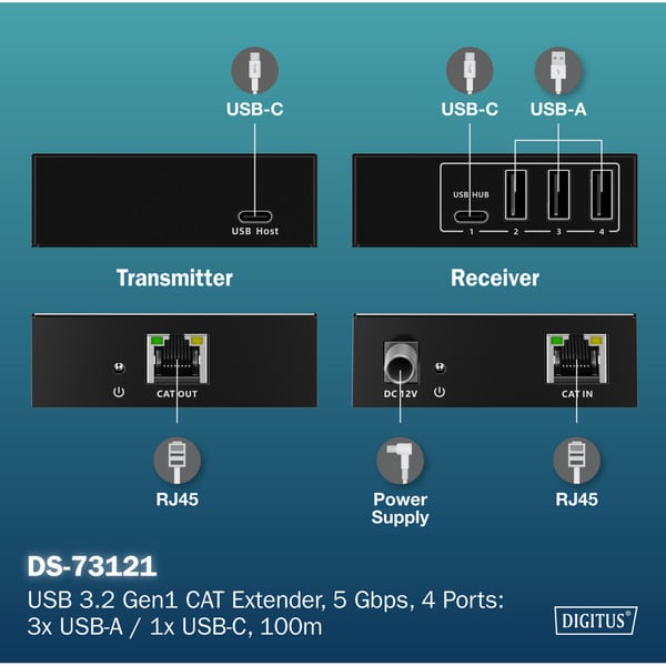 Digitus USB 3.2 Gen1 CAT Extender-Set, 5Gbps, 100 mètre, USB-Extender - Digitus - vue 5