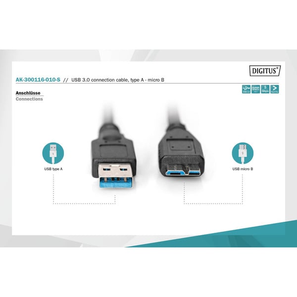 (€ 4,11 / 1 m) Digitus USB 3.2 Gen 1 Anschlusskabel USB-A > Micro USB-B - Digitus - vue 3