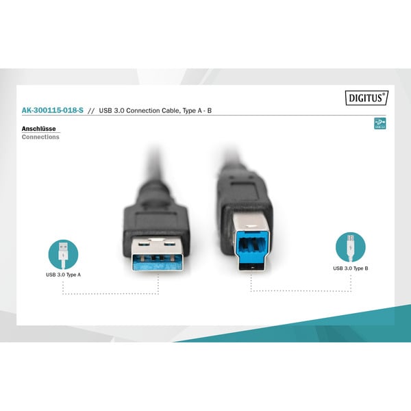 (€ 1,58 / 1 m) Digitus USB 3.2 Gen 1 Anschlusskabel USB-A > USB-B - Digitus - vue 3