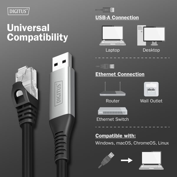 Digitus USB-A 3.2 Gen1 > RJ-45 Ethernet câble, 1Gbit/s, Adapter - Digitus - vue 6