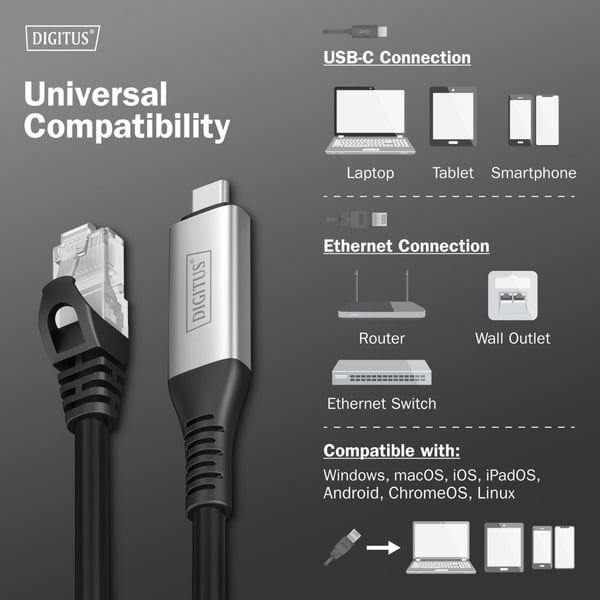 Digitus USB-C 3.2 Gen1 > RJ-45 Ethernet câble, 1Gbit/s, Adapter - Digitus - vue 4