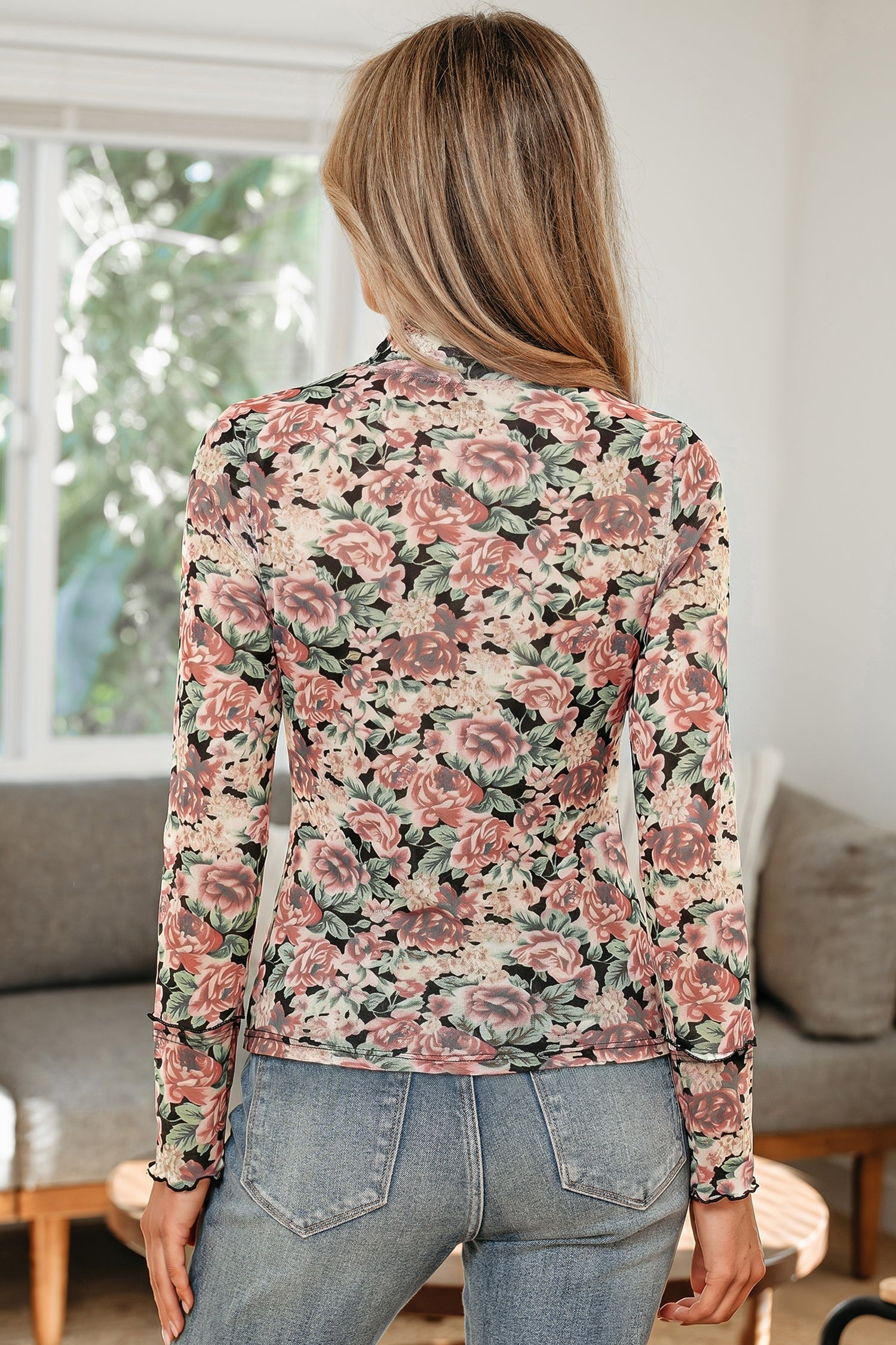 White Retro Floral Print Mock Neck Mesh Long Sleeve Top