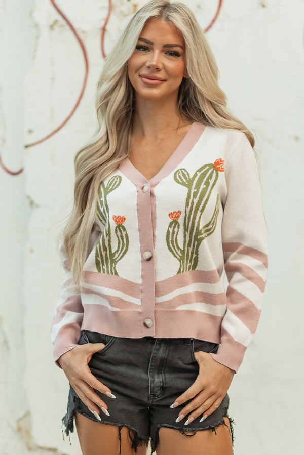 Apricot Desert Cactus Buttoned Front Sweater Cardigan femme