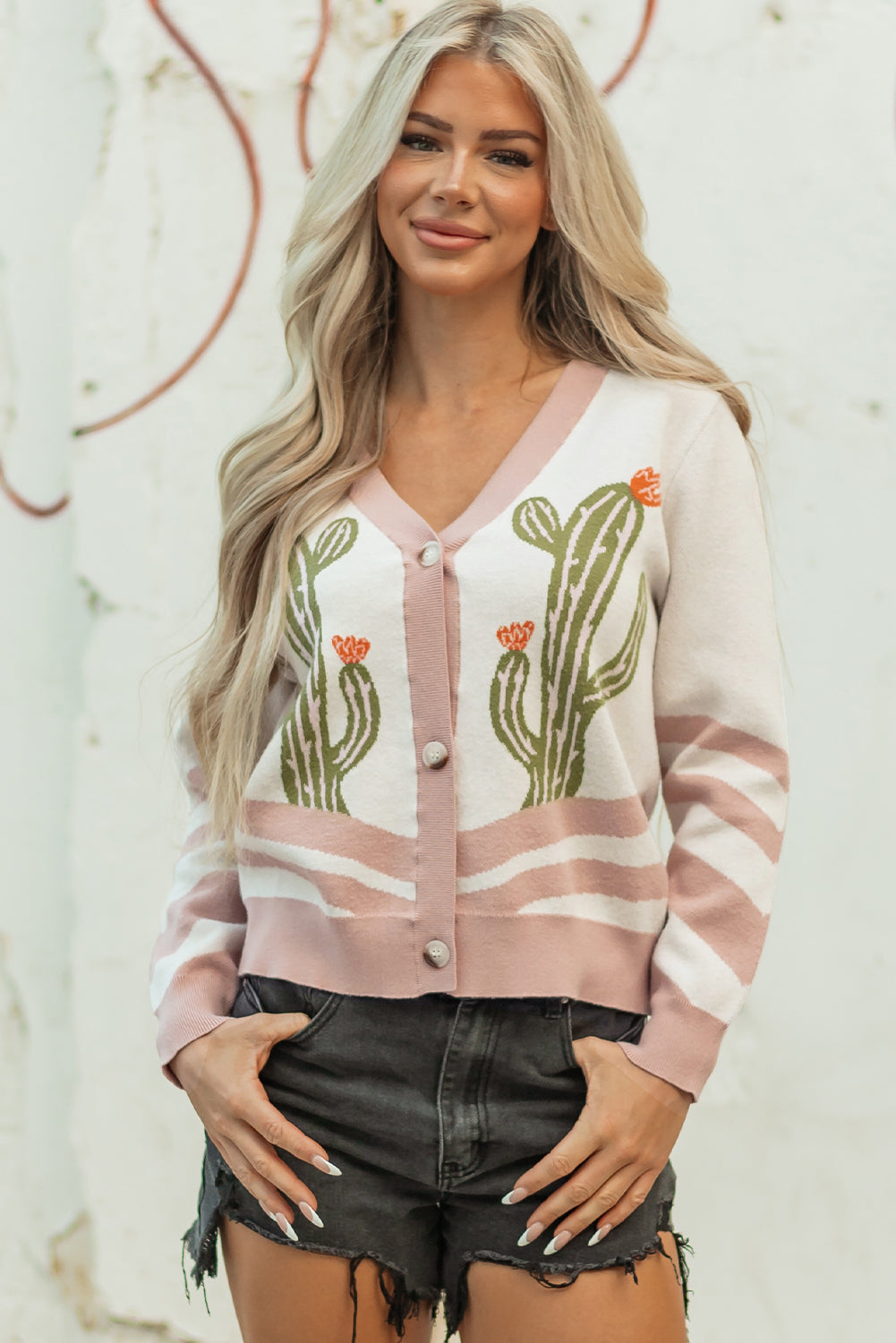 Apricot Desert Cactus Buttoned Front Sweater Cardigan femme
