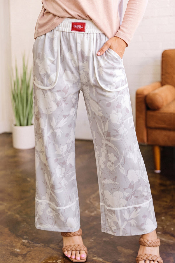 Pantalon femme floral, taille élastique, jambe large — gris-P1120