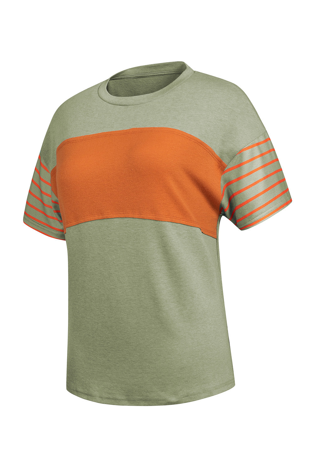 Tan Color Block Striped Detail Loose T Shirt