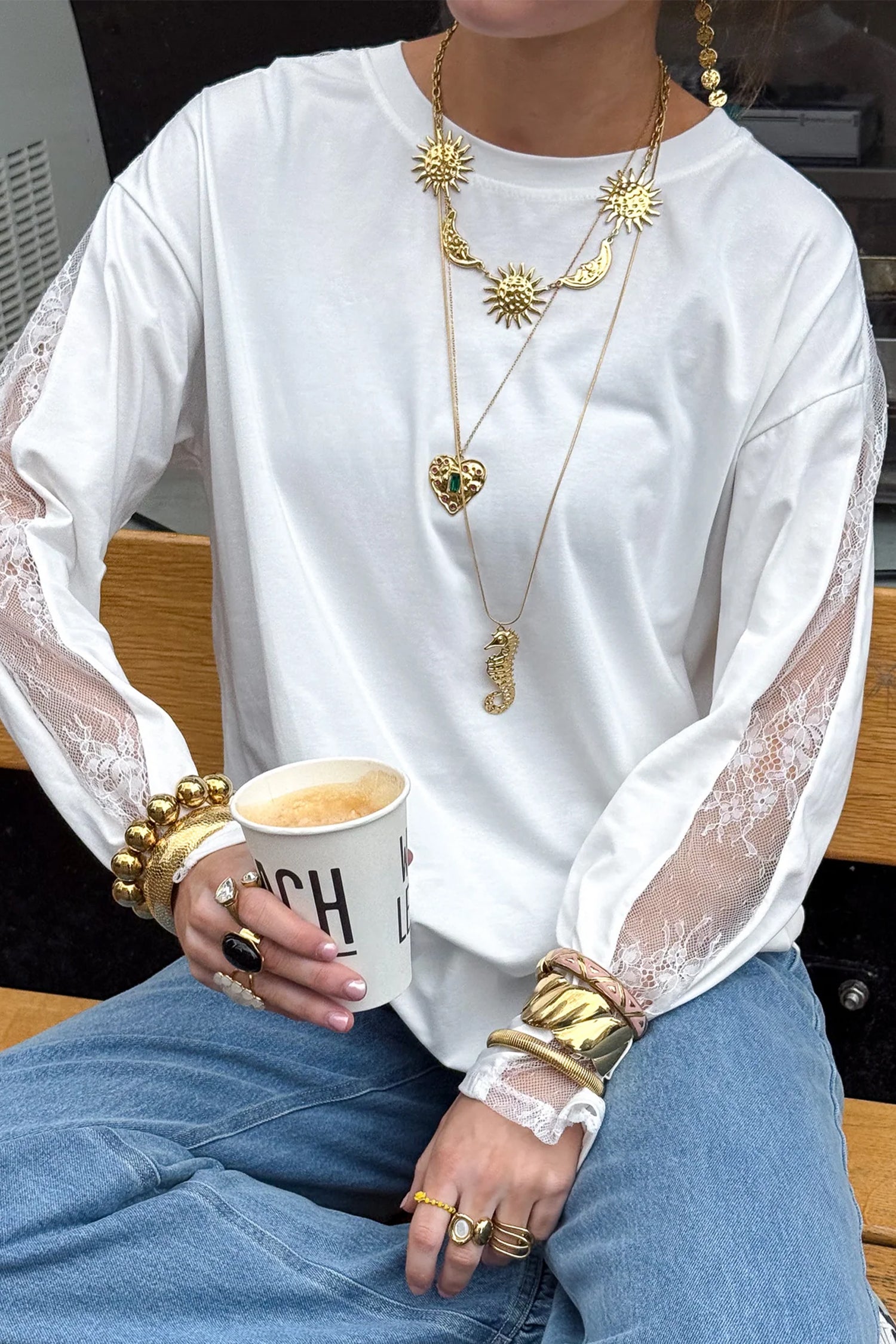 White Lace Patchwork Round Neck Long Sleeve Top