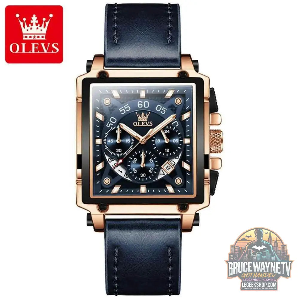 Montre à quartz carrée étanche avec bracelet en cuir pour homme, chronographe et fonction calendrier, marque supérieure | OLEVS - Legeekshop