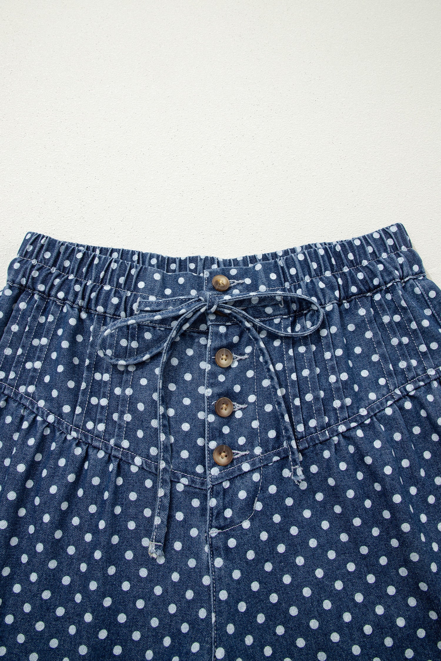 Sky Blue Polka Dot Print Button Pleated Detail Wide Leg Jeans