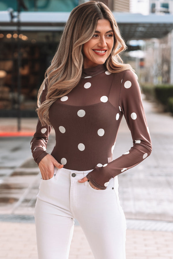Pièce mode femme pois, transparent, manches longues, vintage — marron