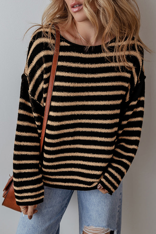 Pull femme rayé, épaules tombantes, col rond, ample — noir