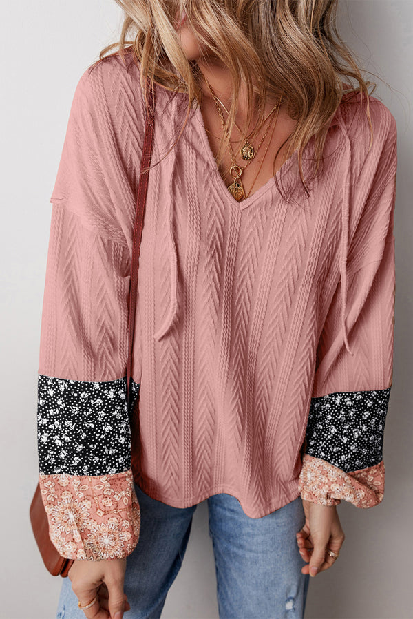Blouse femme floral, patchwork, en maille, à cordon, col V — rose