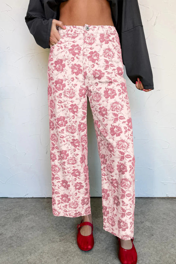 Pantalon femme floral, vintage, denim — rose-P1020