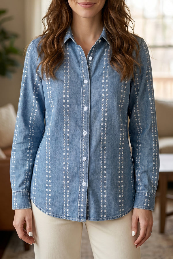 Chemise femme floral, boutonnée, manches longues, denim