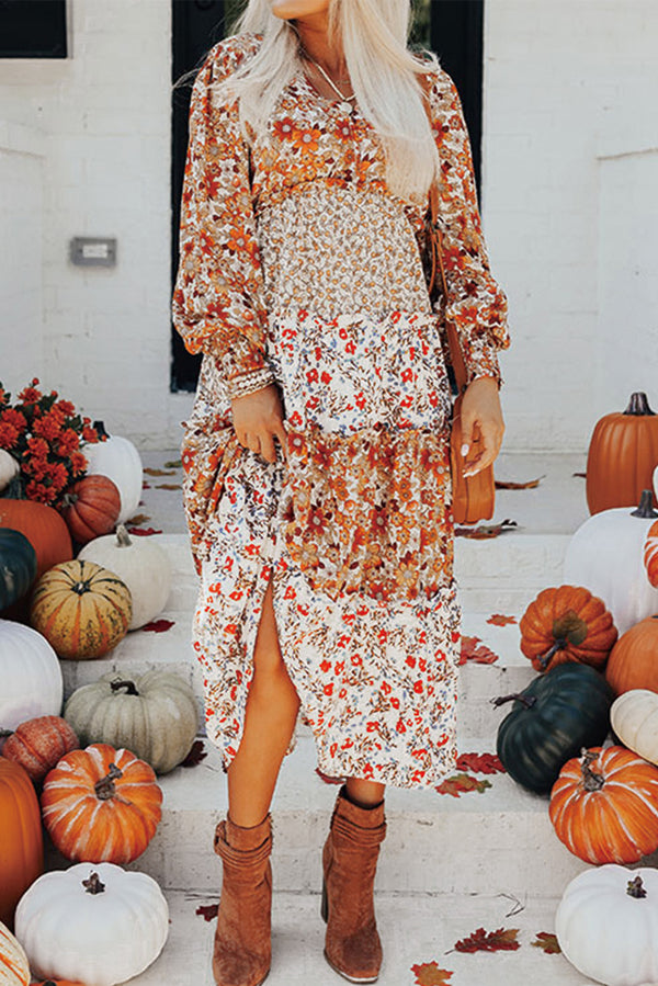 Robe midi femme floral, à volants, à étages, manches longues, col V, midi — kaki