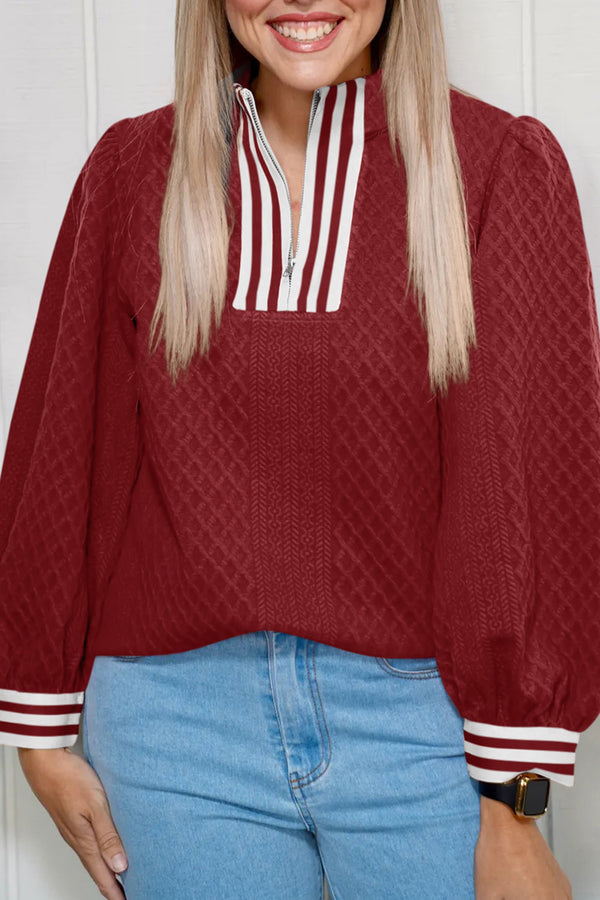 Sweat femme rayé, patchwork, zip — rouge