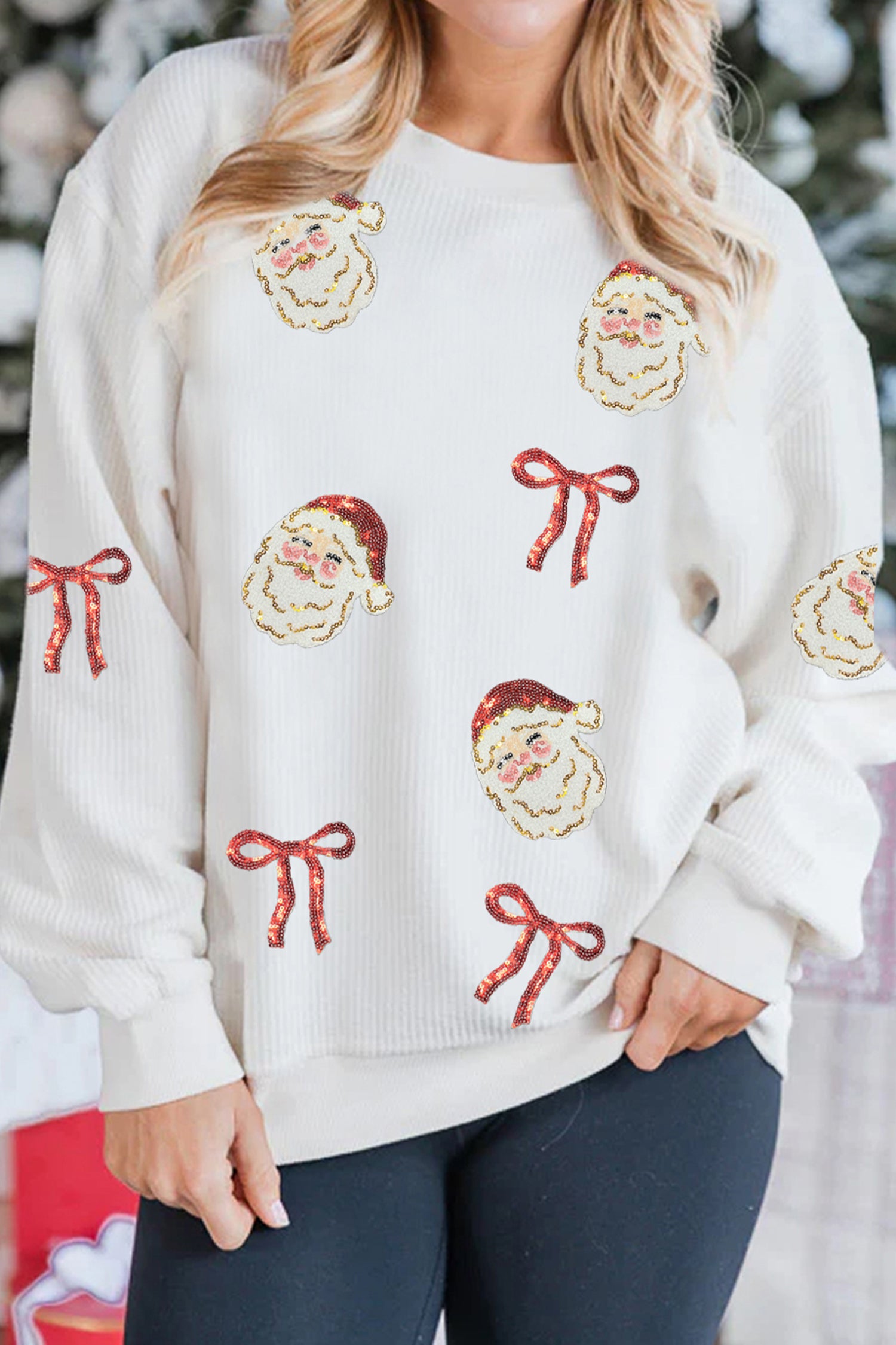 Sweat femme graphique, paillettes, Noël, épaules tombantes, côtelé — blanc
