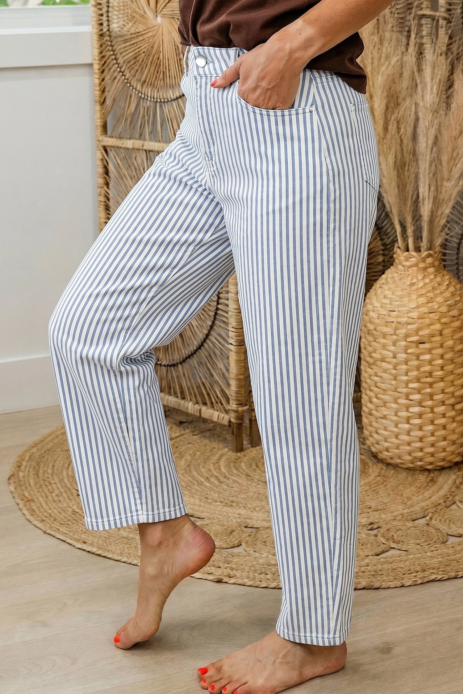 Sky Blue Stripe Casual Barrel Jeans