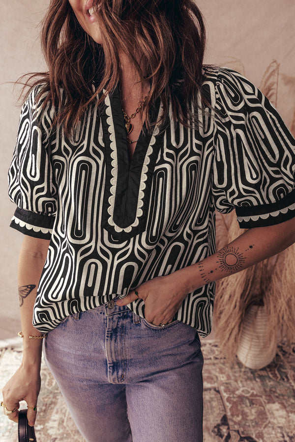 Blouse femme patchwork, manches courtes, festonné, colorblock — noir