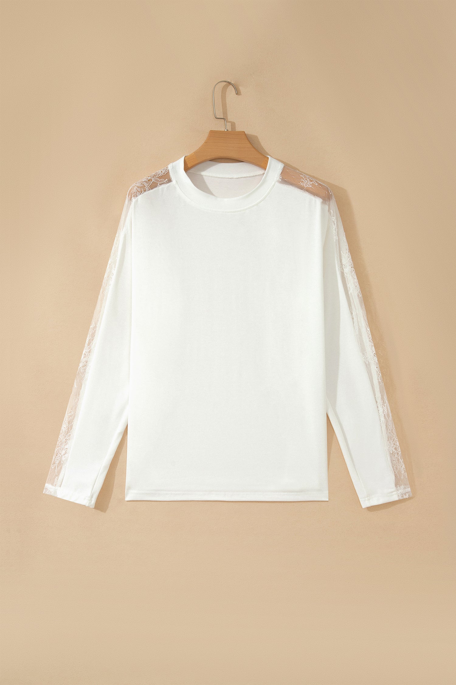 White Lace Patchwork Round Neck Long Sleeve Top