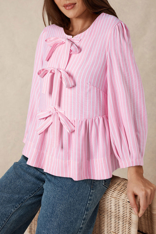 Blouse femme rayé, manches bouffantes, col rond — rose
