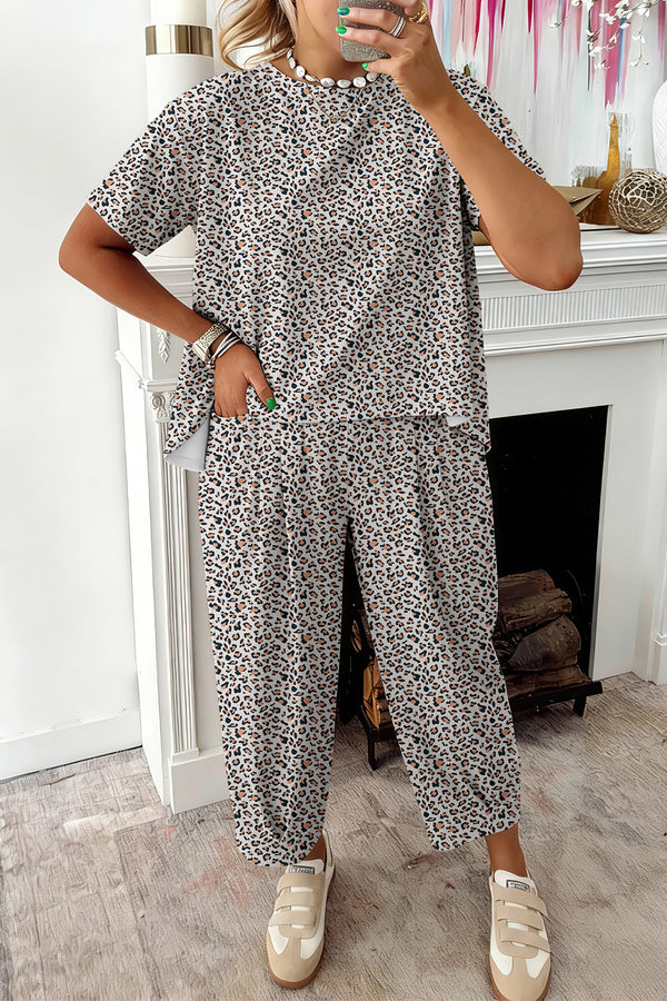 Pantalon femme léopard, ample — blanc