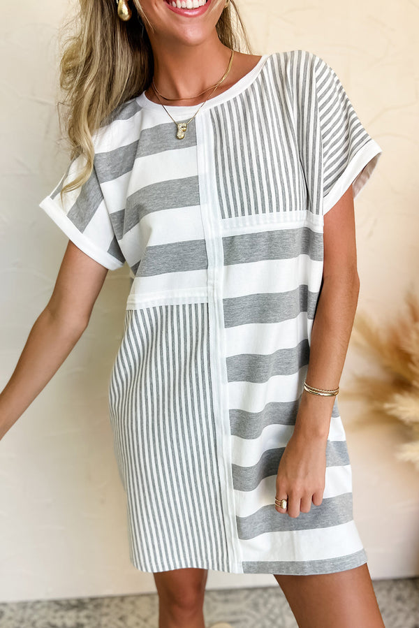 Robe femme rayé, manches courtes, mini — gris