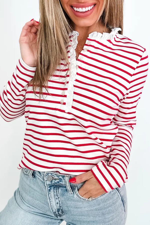 Haut femme rayé, boutonnée, demi-boutonnage, manches longues — rouge