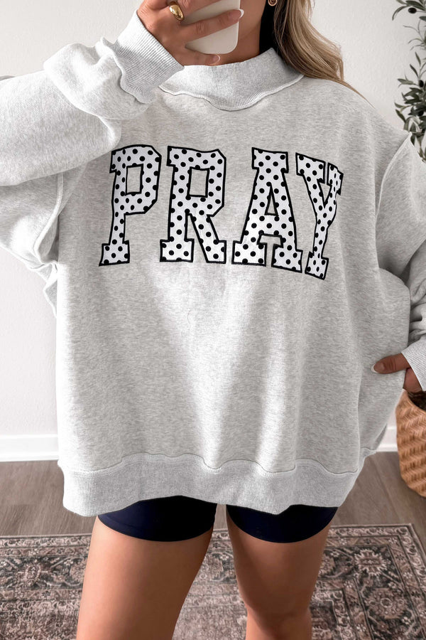 Sweat femme brodé, pois, col montant — gris