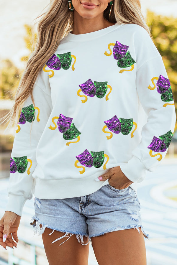 Sweat femme paillettes, épaules tombantes — blanc