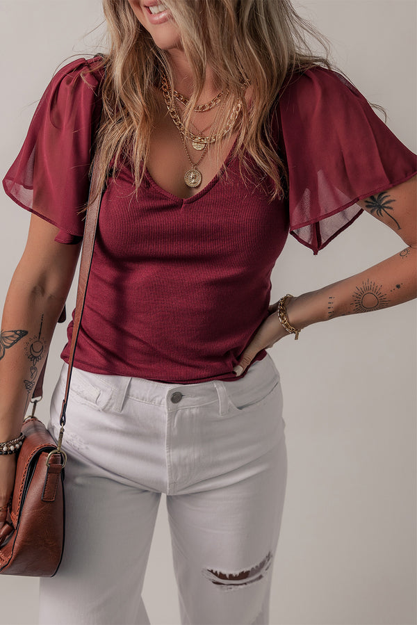 Haut femme transparent, à volants, col V, coupe slim — rouge