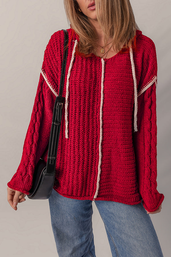 Pull femme en maille, à cordon, à capuche, bordure contrastée — rouge