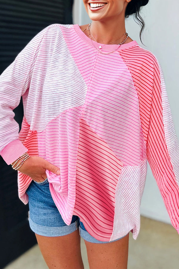 Haut femme rayé, manches longues, casual, colorblock — rose