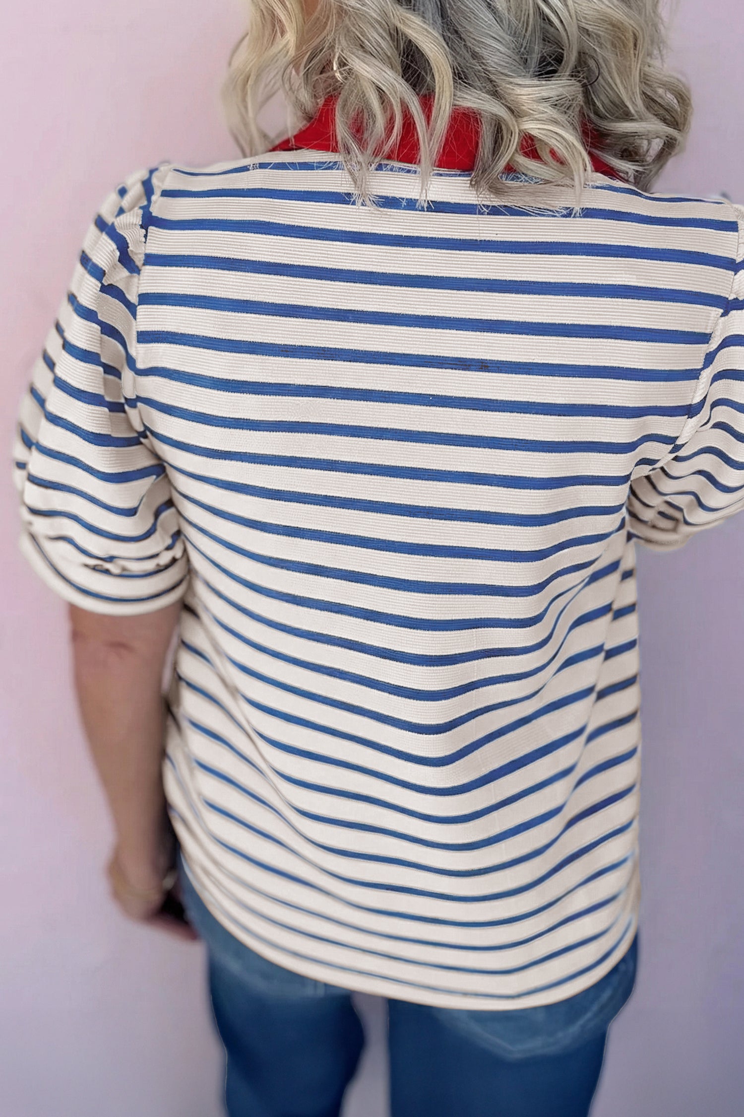 Black Stripe Short Puff Sleeve Color Block Polo Collar Blouse