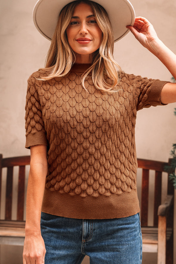 Pull femme en maille, manches courtes, col rond, côtelé — jaune