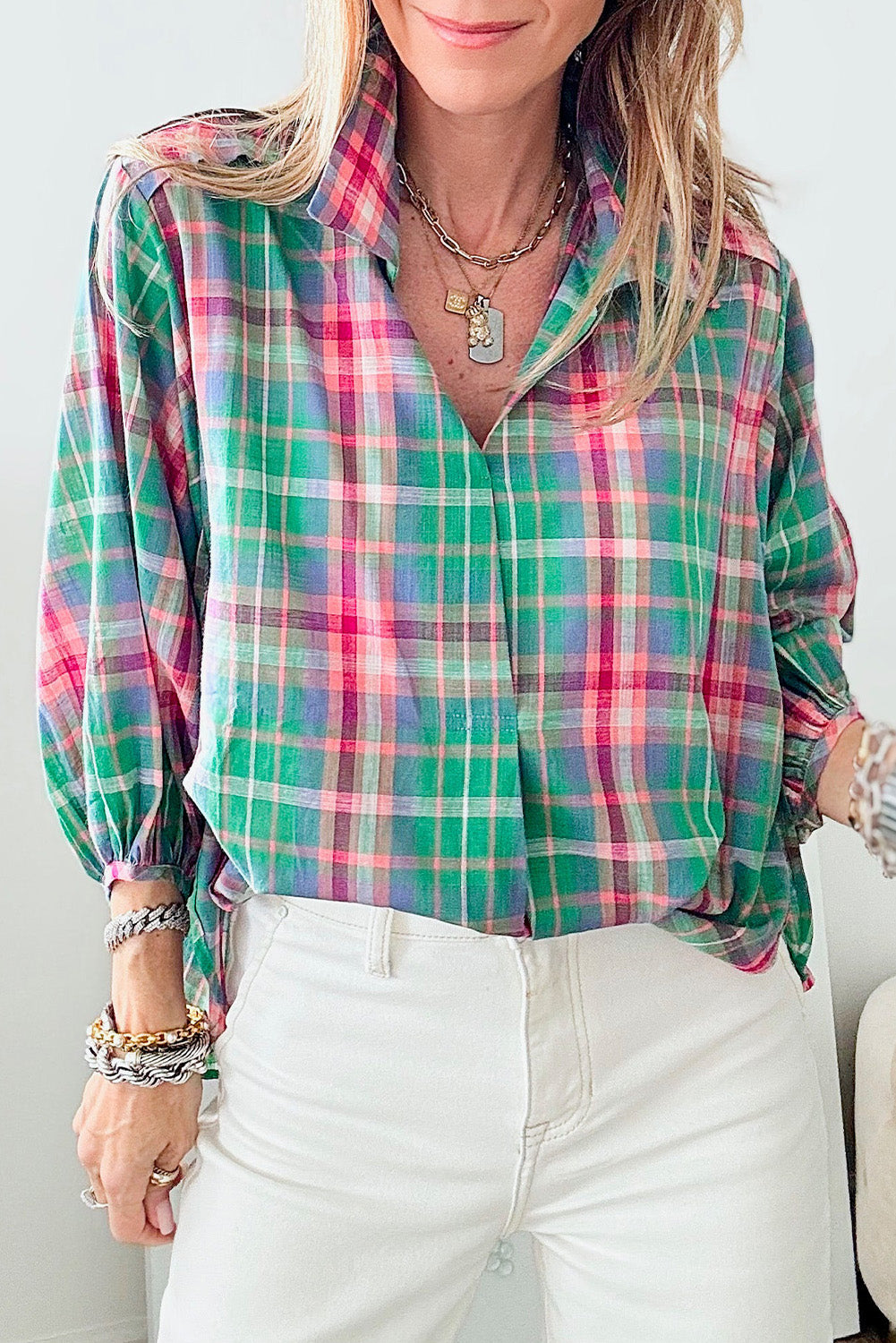 T-shirt femme à carreaux, ample — vert