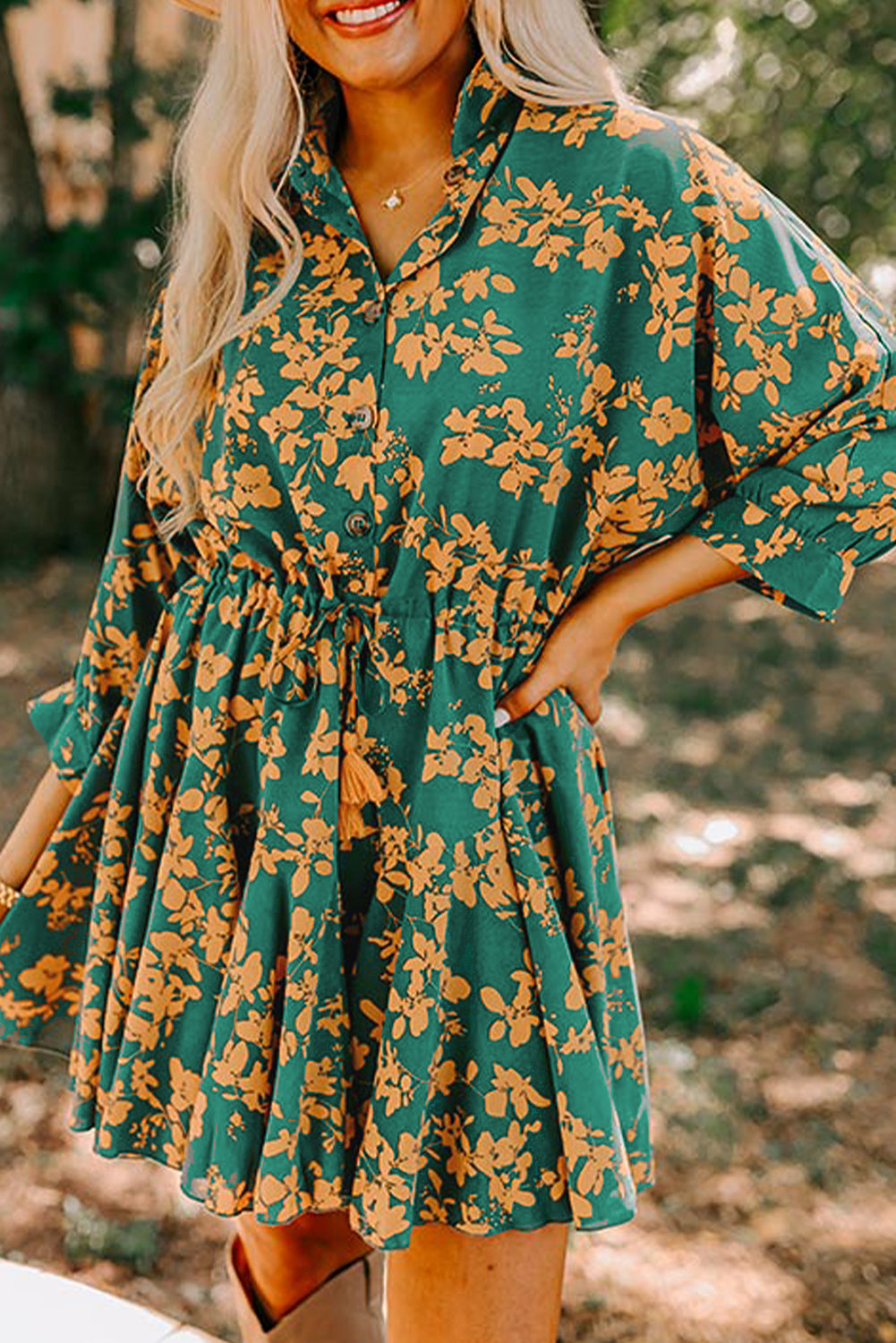 Robe femme floral, à cordon — vert
