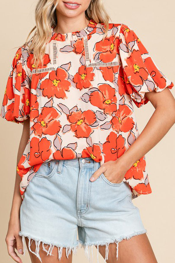 Blouse femme floral, manches ballon, ample — orange