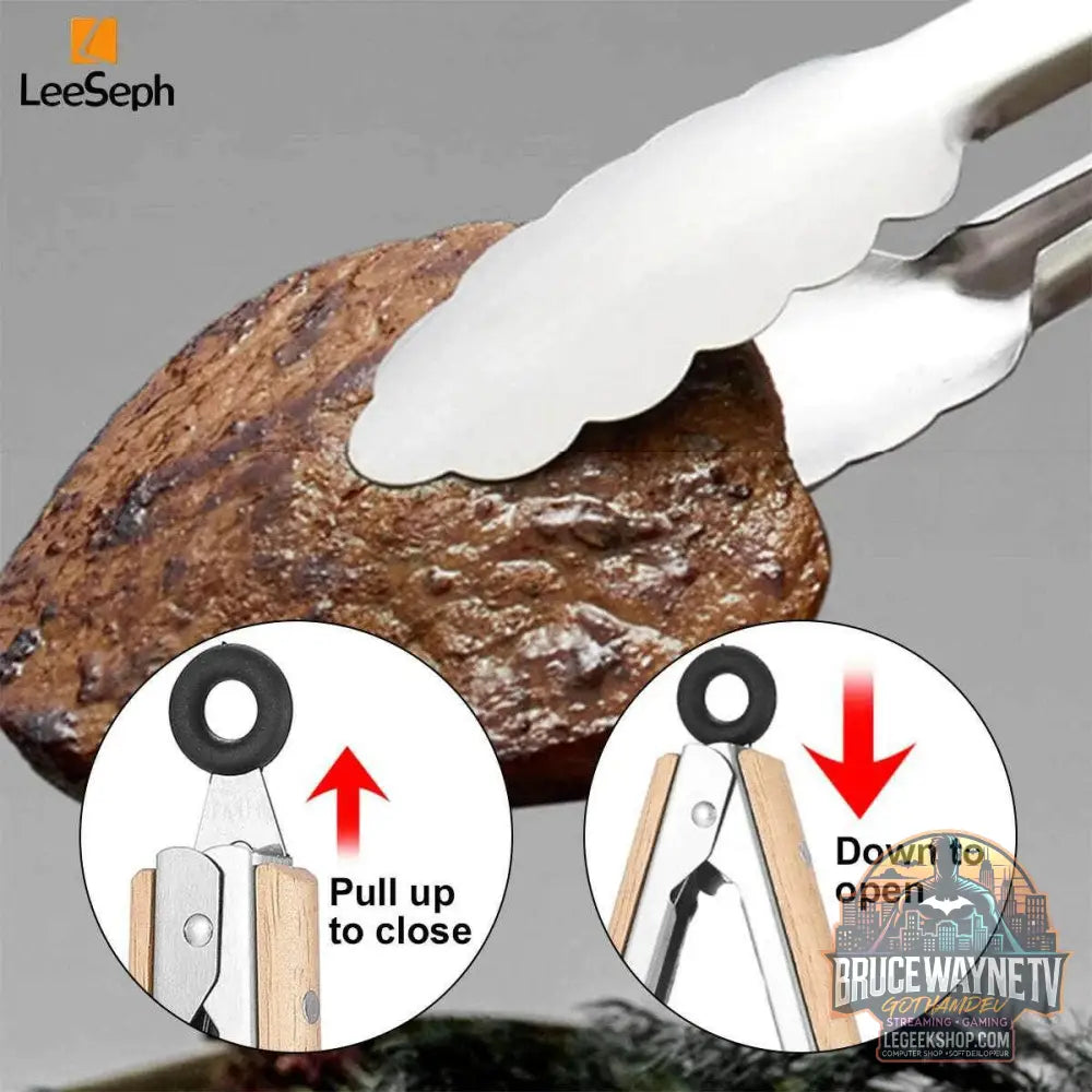 🔥 Pince de Cuisine BBQ Leeseph – Inox & Bois de Chêne | 5 Tailles Disponibles - Legeekshop