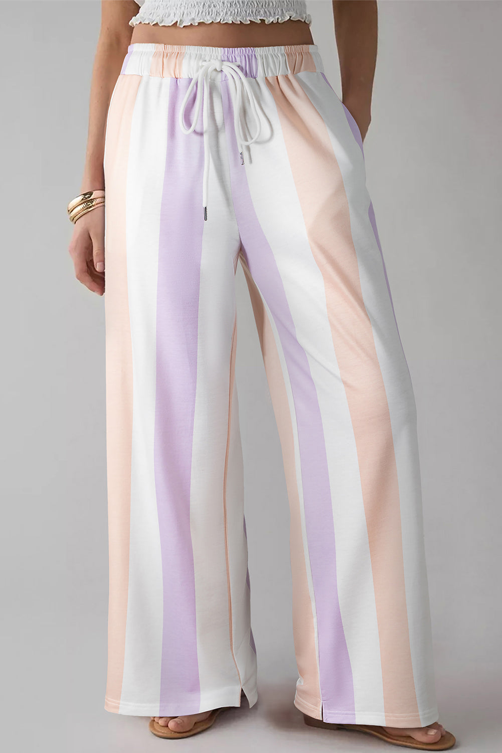 Pantalon femme rayé, à cordon, poches, ample — violet