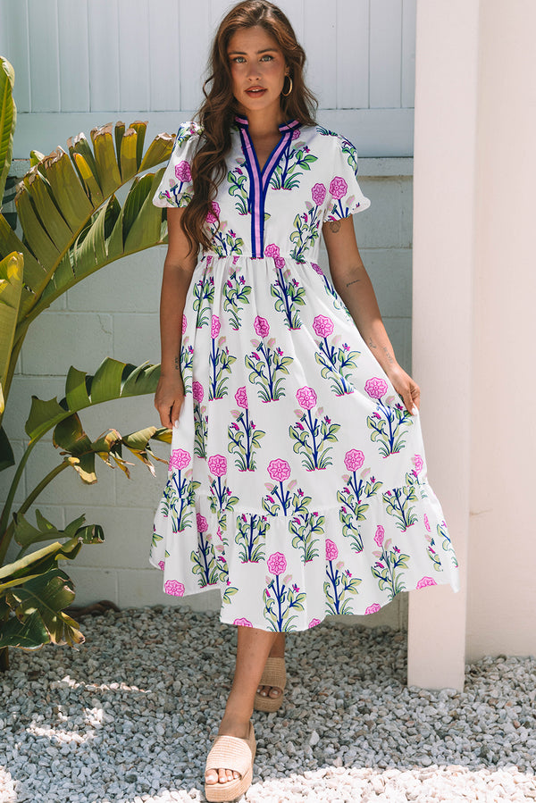 Robe longue femme floral, manches courtes, col V, taille haute — blanc