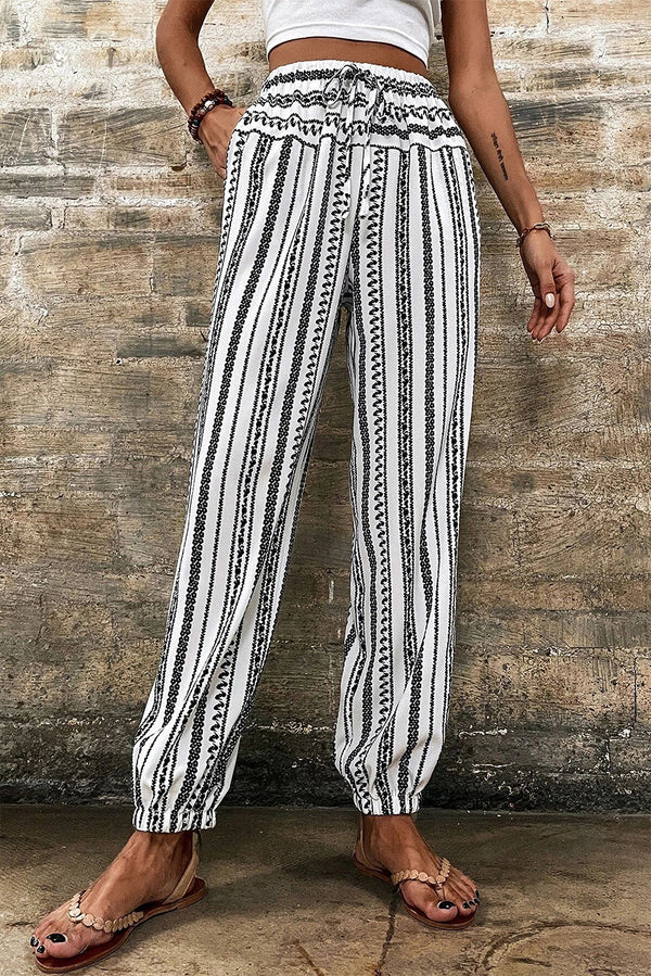 Pièce mode femme rayé, à cordon, taille élastique, casual — noir