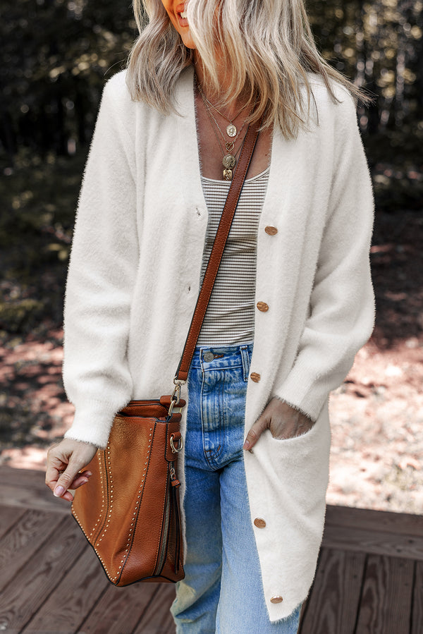 White Fuzzy Buttoned Front Midi Solid Cardigan femme