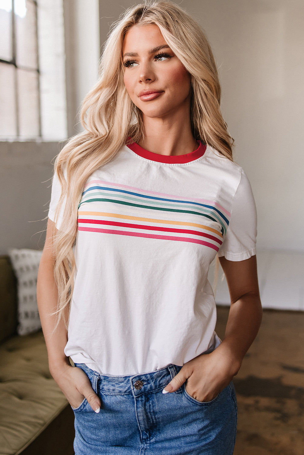 T-shirt femme rayé, col rond — blanc