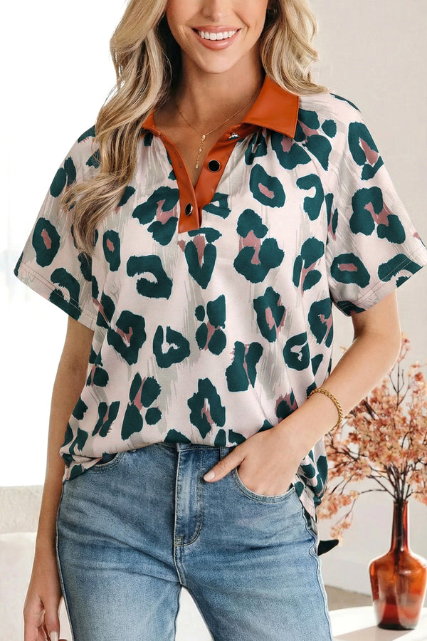 Blouse femme léopard, boutonnée, manches courtes, casual