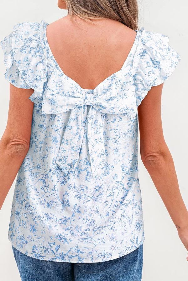 Blouse femme floral, à volants, manches courtes — bleu ciel